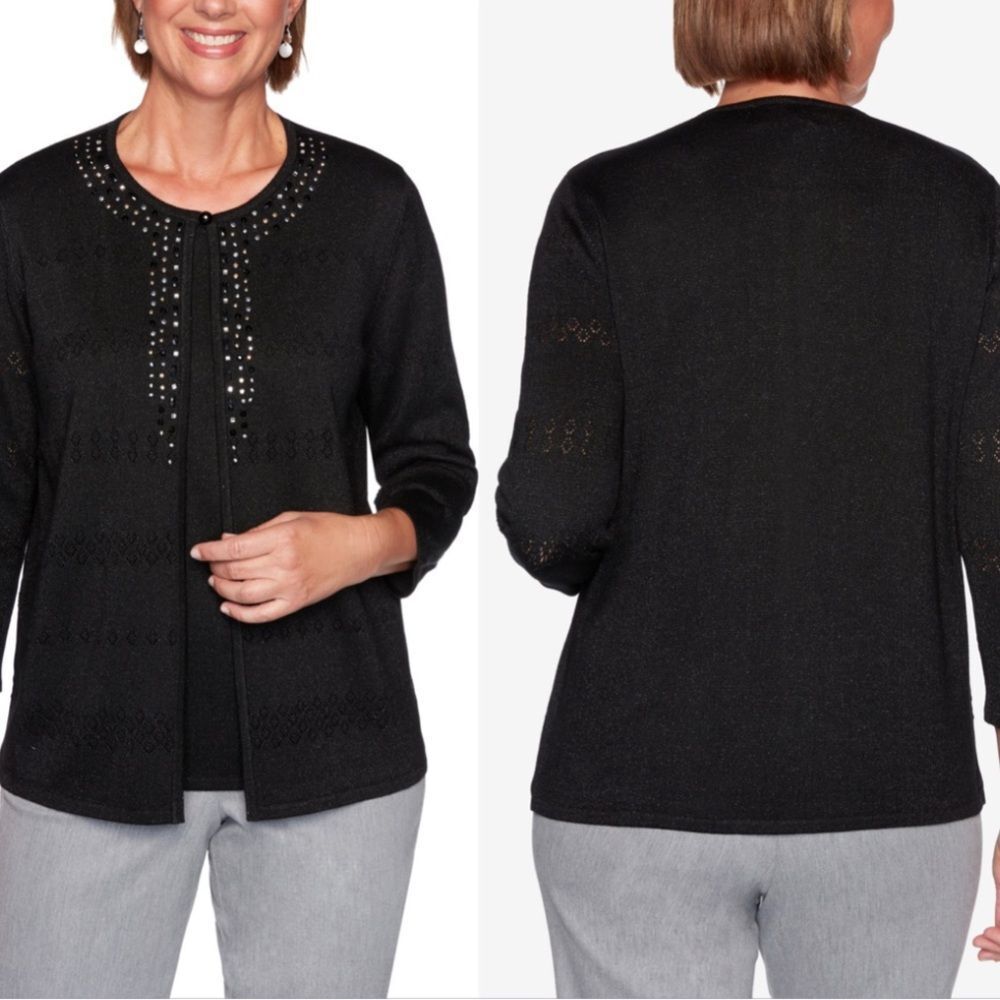 Alfred Dunner - Classic Black Women's Cardigan with Undershirt & Embellishments